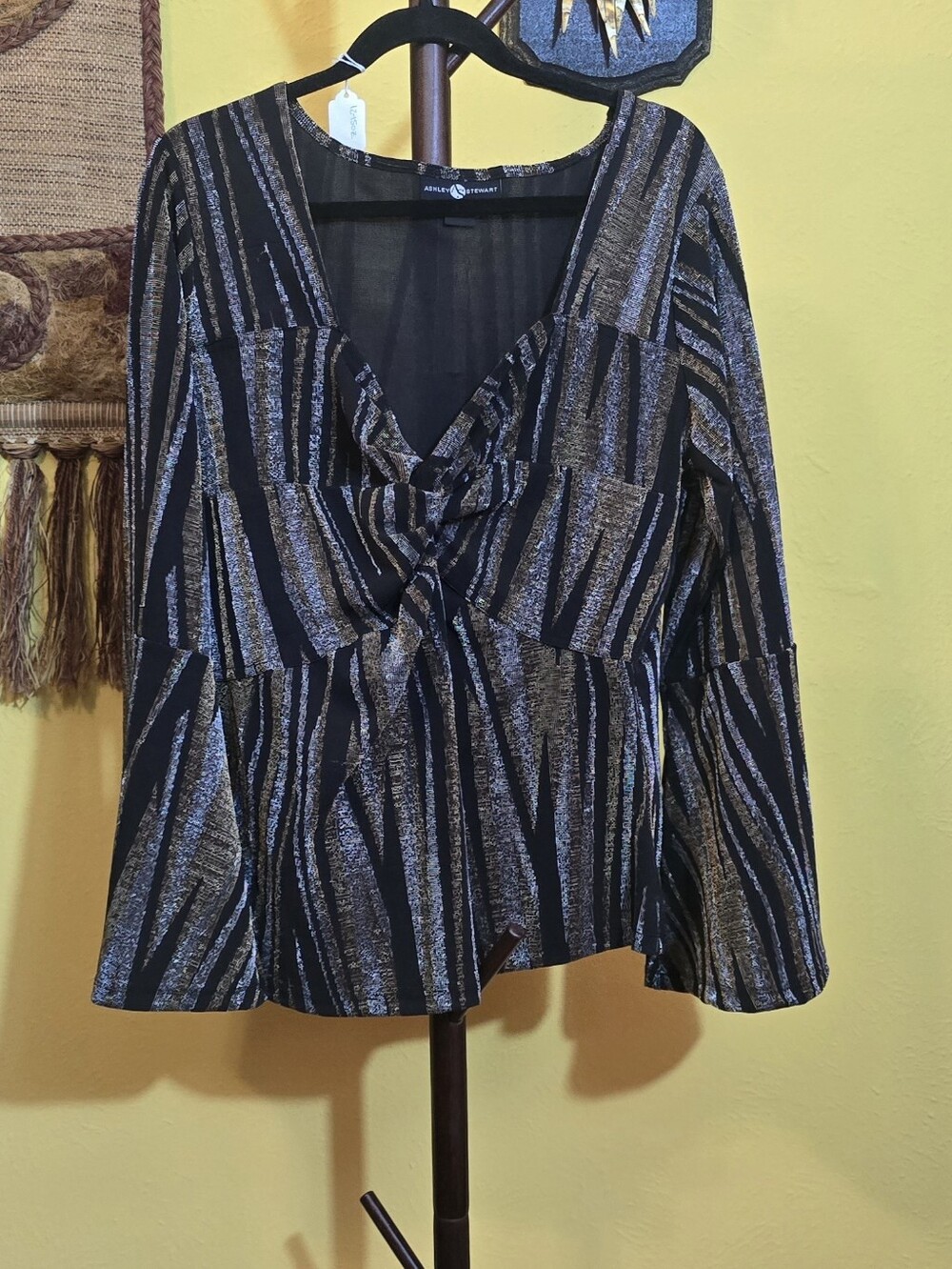 Ashley Stewart Black & Metallic Striped Flare Sleeve Women's Top Sz 1X